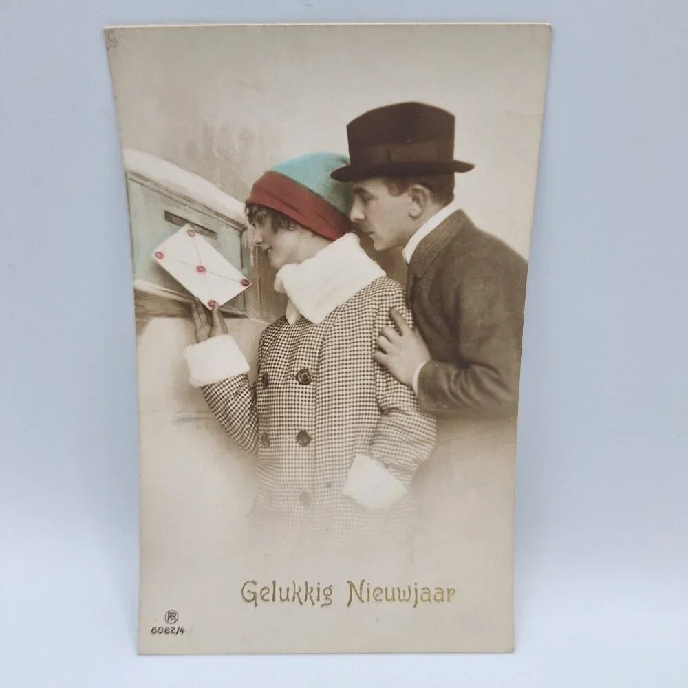 Antique Dutch Happy New Year Postcard 6082/4 Couple Winter‎ Scene Old Ephemera